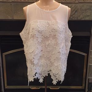 White tank with sheer yoke and cotton lace overlay